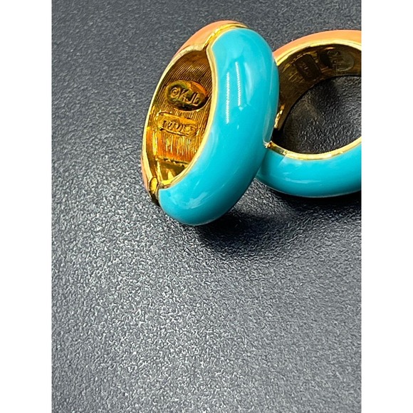 KJL Vintage KJL Signed Blue Orange Enamel Huggie Hoop Earrings snap on versatile - Picture 7 of 11